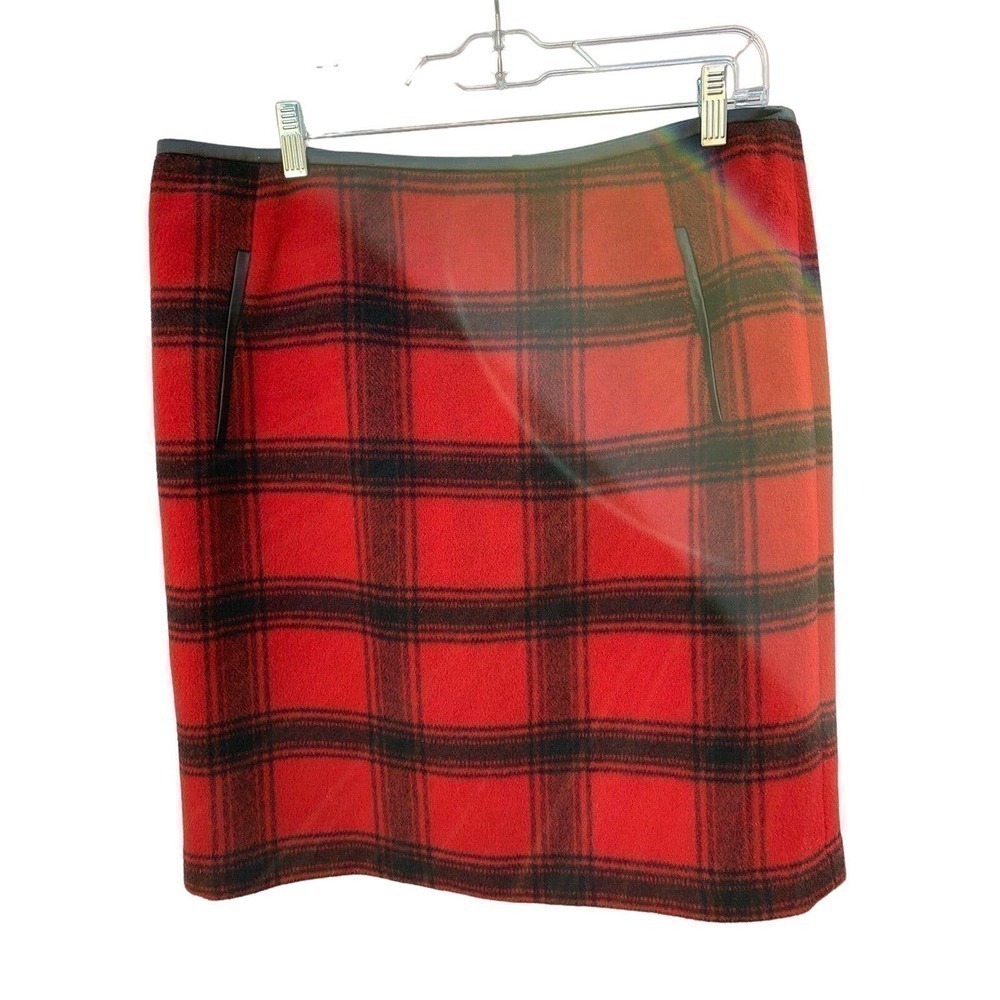 Talbots Womens Sz14 Skirt Red Black Plaid Wool Blend Pleather Trim NWOT